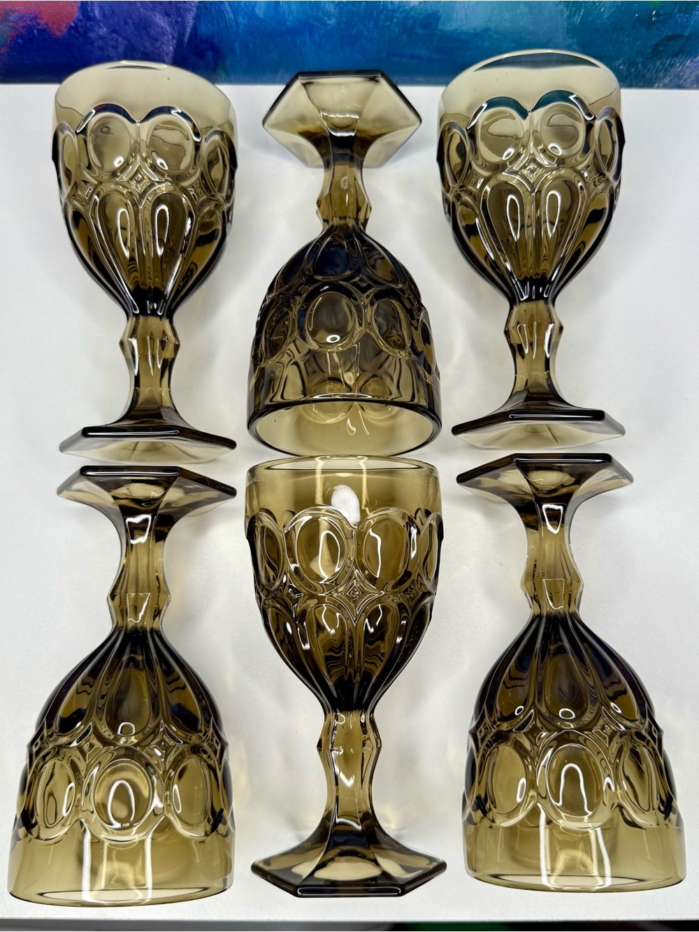 Fostoria Moonstone Smoke Gray Set of 6 Glass Wine Goblets Vintage MCM Brown Stem